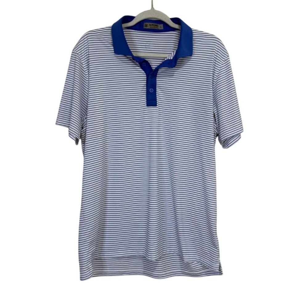 G/Fore Mens Striped Golf Polo Shirt Blue White Short Sleeve Size L